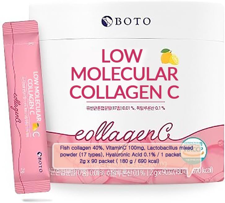 BOTO Low Collagen C - Korean Beauty Collagen Peptide Powder Supplement mit Hyaluronsäure und Vitamin für Haut Haar Nagel Joint, Zitronen Flavored - für 3 Monate - 90 von Packs