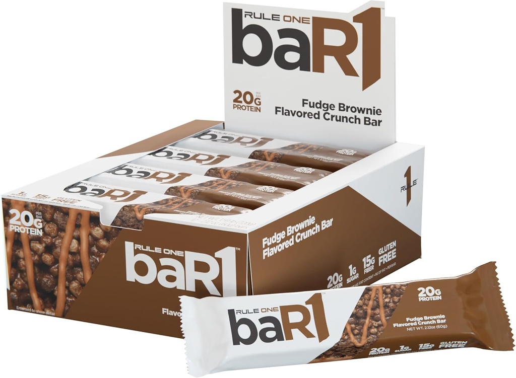 Pravidlo 1 baR1 Crunch Bar - On-The-Go Pohodlné Proteínové Snack Bary s 20g Premium Protein, Prirodzene-Packed s EAA/BCAA, Hunger-Filling Fiber (12 Count Box, Fudge Brownie)