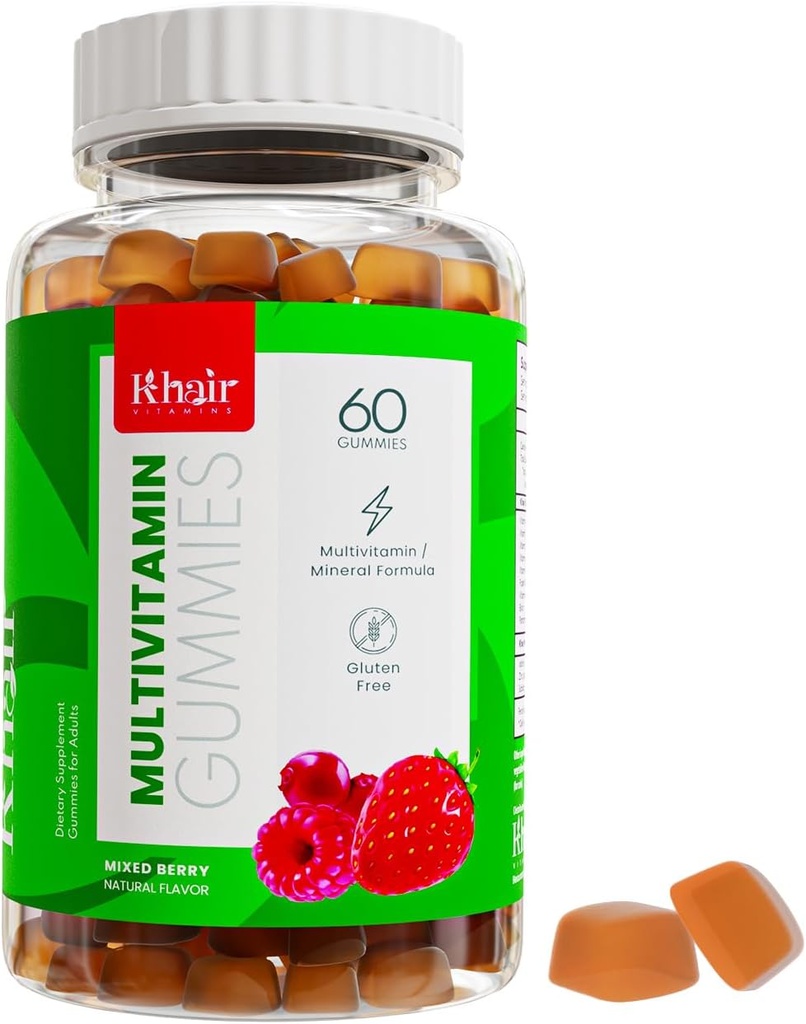Khair Halal 성인 Multivitamins 거미 - Vegan, Non-GMO - 글루텐 무료, 젤라틴 무료 - 필수 비타민 : 비타민 A E C D B12 & 비타민 B6 할랄 비타민 - 60 구미