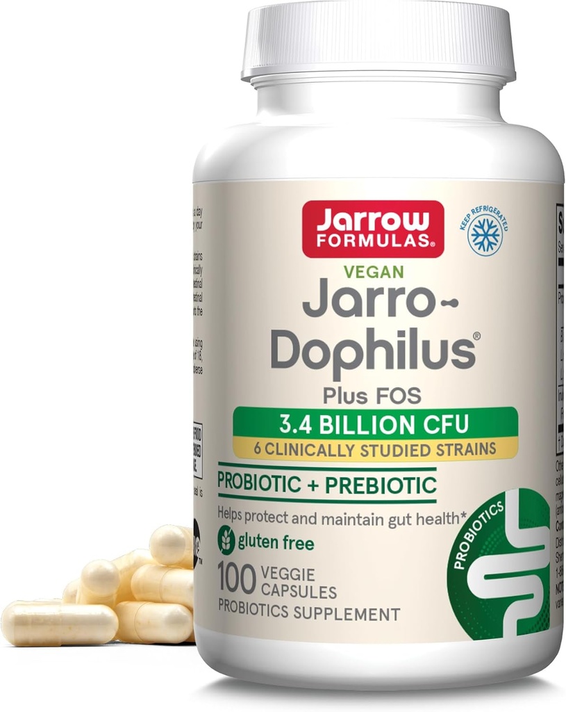 Jarrow Formulas Jarro-Dophilus + FOS - 3.4 Billion Organisms Por Serving - 100 Veggie Caps - Prebiotic &amp; Probiotic - Nutritional Support to Beneficial Bacteria - Hasta 100 Servings
