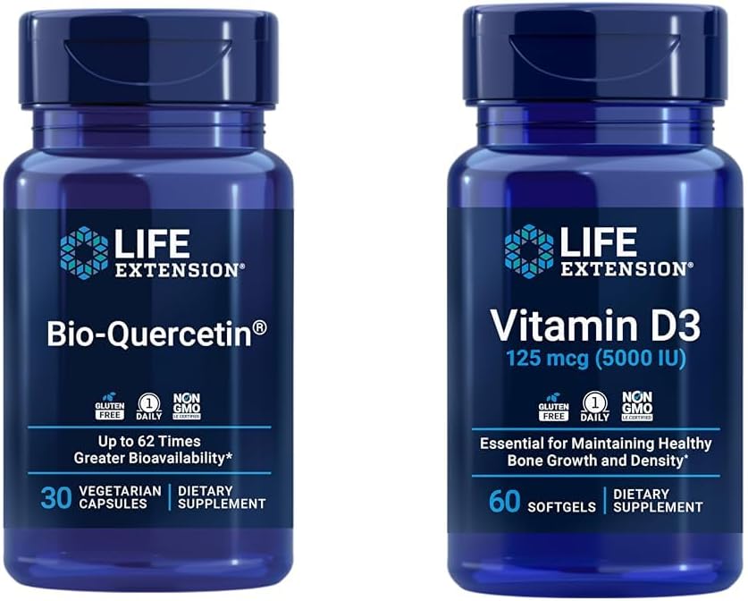 Extensión de vida Bio-Quercetina Immune & Heart Health Antioxidante 30 cápsulas + Vitamina D3 5000 IU 60 Softgels