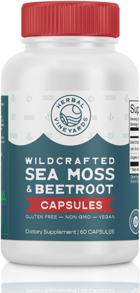 Herbal Vineyards Organic Wildcrafted Sea Moss and Beetroot 60 Cápsulas de suporte imunológico, Saúde Digestiva e Energia Melhorada Vegan Friendly