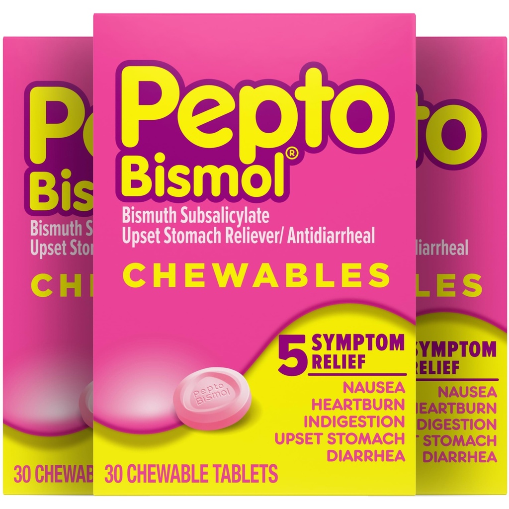 Pepto Bismol Chewable Tablets, Upset Stomach Relief, Nausea Relief, Heartburn Relief, Indigestion Relief, Anti Diarrhea Medication for Adults - 5 Symptom Relief, 90 Chewable Tablets (3x30 ct)