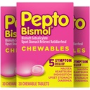 Pepto Bismol Chewable Tablets, Upset Stomach Relief, Nausea Relief, Heartburn Relief, Indigestion Relief, Anti Diarrhea Medication for Adults - 5 Symptom Relief, 90 Chewable Tablets (3x30 ct)