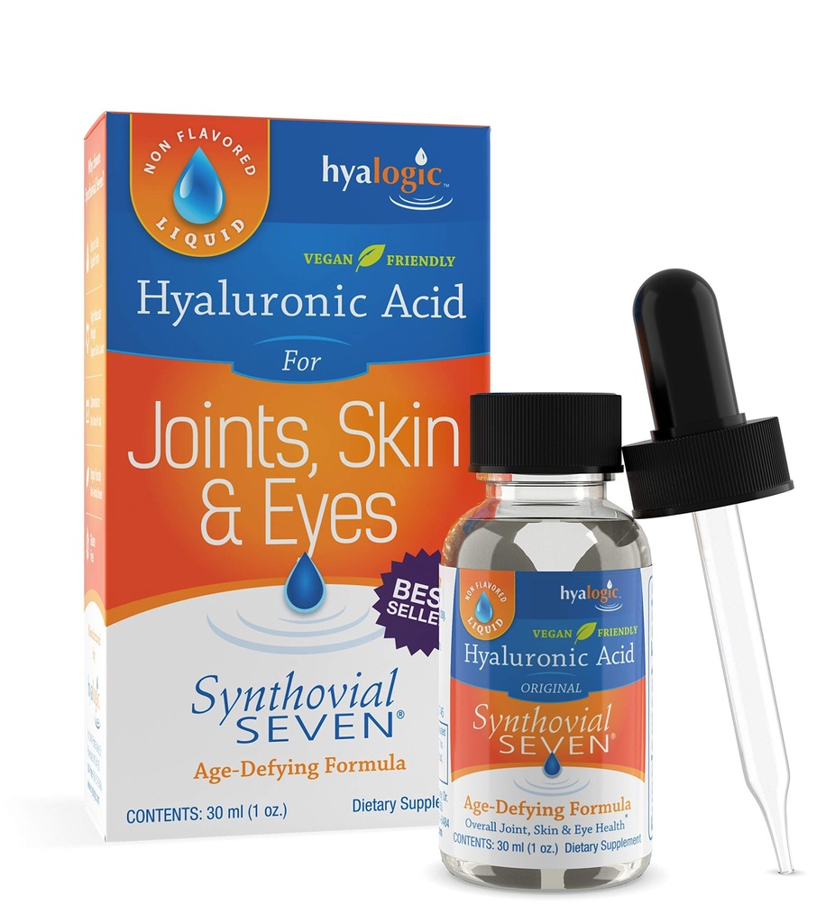 Hyalogic Synthovial Seven Liquid Hyaluronic Acid – Vegan Oral Joint & Skin Supplement, High Molecular Weight, Pure Hydration Support Supplements, 1 oz