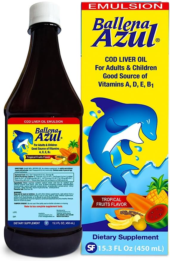 Ballena Azul Aceite de Hígado de Bacalao para Adultos y Niños, COD Jaterní olej pro dospělé a děti, dobrý zdroj vitaminů, dodatek stravy, Omega 3 (Tropické ovoce 15 OZ)