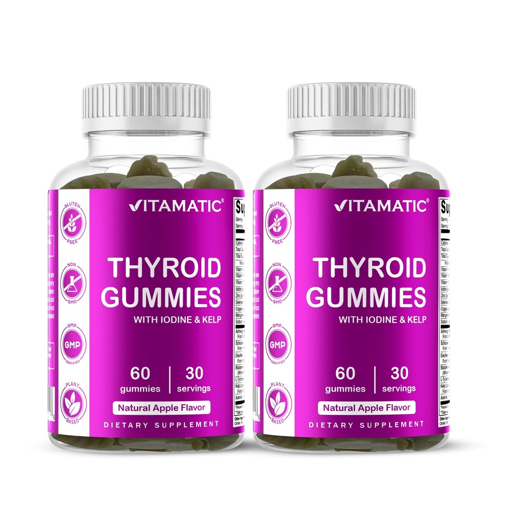 Vitamatic 2 Pack Vegan Thyroid Support Gummies with Iodine & Kelp – 60 Count – Plant-Based – Supports Energy & Metabolism