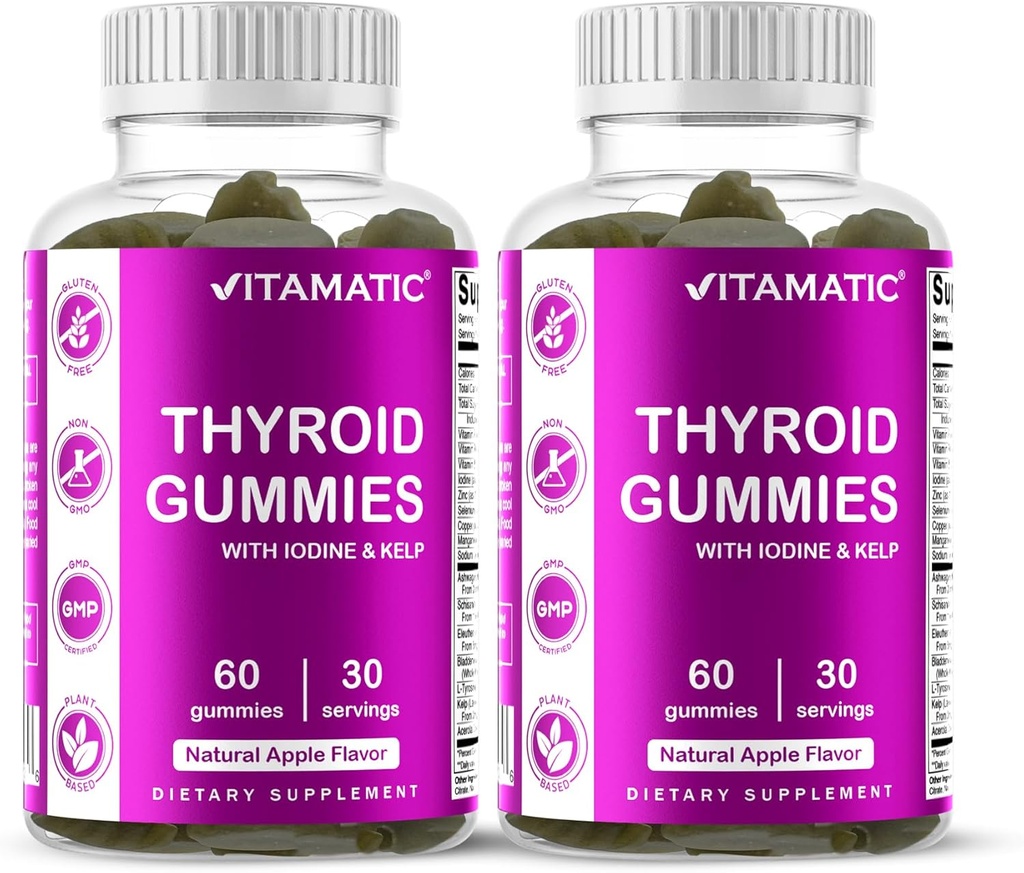 Vitamatic 2 Pack Vegan Thyroid Support Gummies with Iodine & Kelp – 60 Count – Plant-Based – Supports Energy & Metabolism