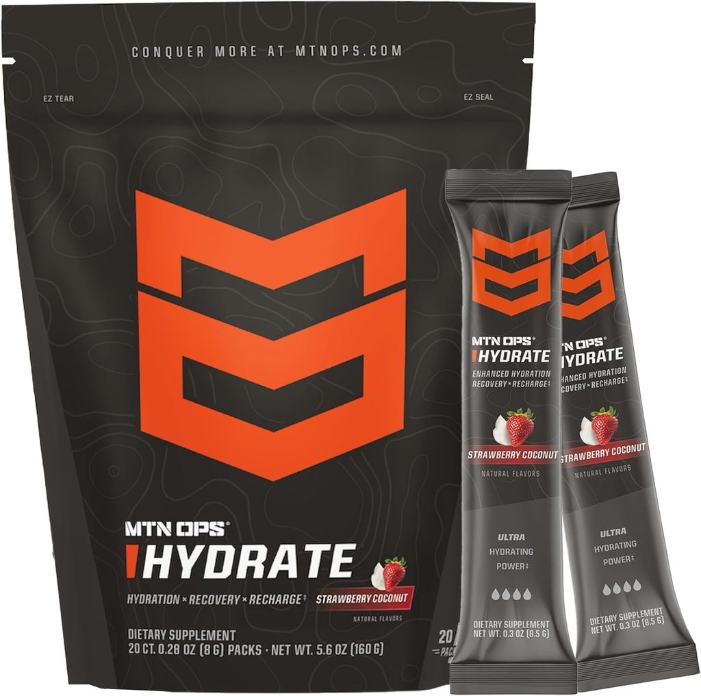 MTN OPS Hidrate Electroliti Powder Drink Mix, 20 Double Serving On-The-Go Electrolyte Packs cu peste 1000mg de Electroliți per Serving, Căpșuni de cocos