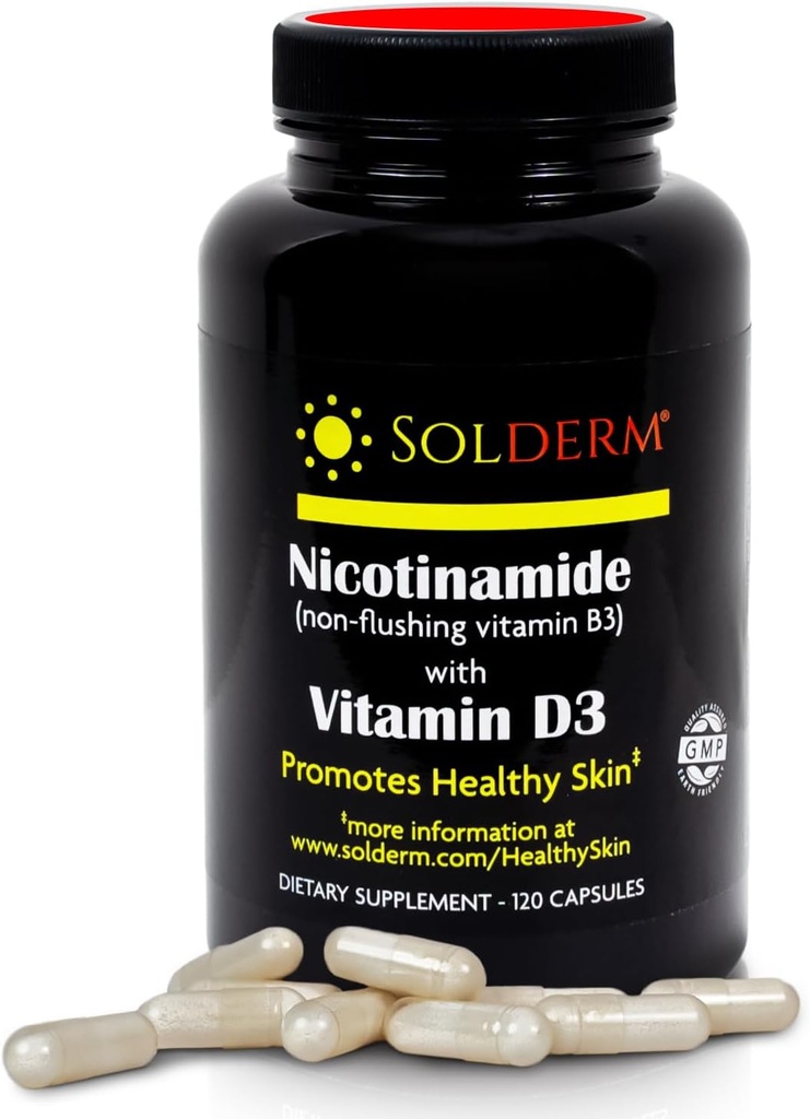 Nicotinamida non luminiscente vitamina B3 e D3 Suplemento | Vegetarian e Gluten-Free Oral Nicotinamide Suplemento con violonchelose vexetal | promove a pel sa | 60 cápsulas | 500mg
