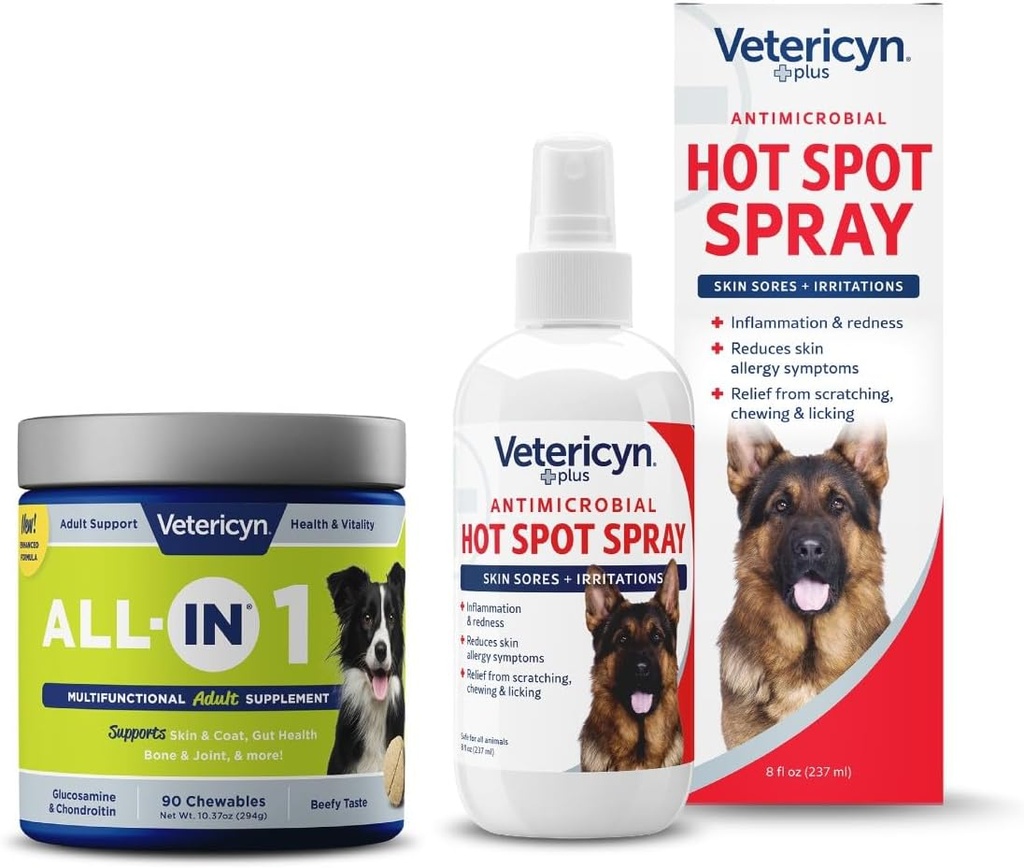 Vetericyn All-in 1 multifunktsionaalne koeralisand ja Vetericyn Plus Hot Spot Spray