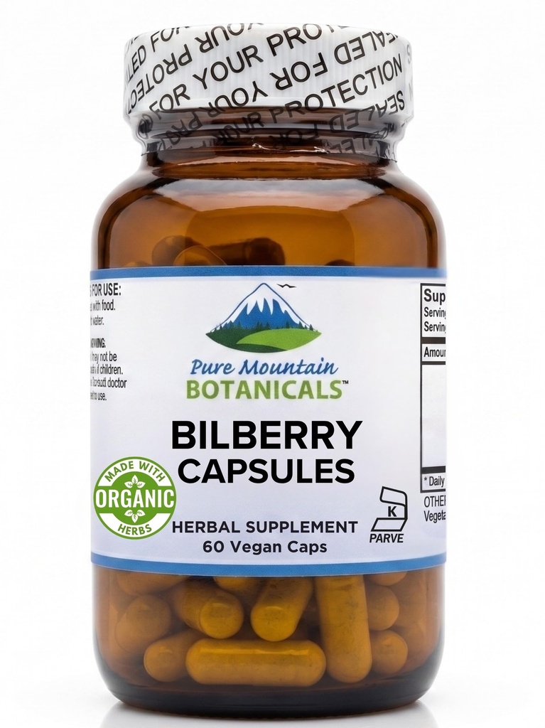 Pure Mountain Botanicals Bilberry Extract Supplement - 60 Vegan Kosher Capsules - 250mg Organic Bilberry Leaf and 50mg Extract with 25% Anthocyanidins - Eye Health Support