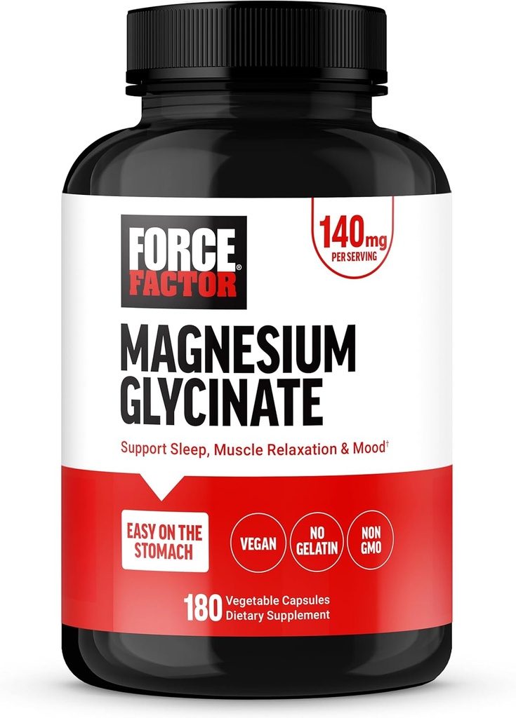 Force Factor Magnesium Glycinate, Magnesium Suplemen Perempuan dan Pria untuk Mendukung Tidur, Muscle Relaxation, dan Mood, Mudah di The Stomach, Vegan, 3-Bulan Supply, 180 Capsules