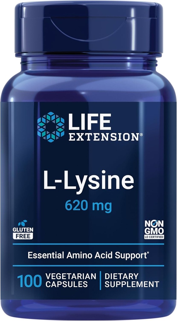Extensão de vida L-Lysine, 620 mg, Aminoácido Essencial para equilíbrio de nitrogênio saudável, Metabolismo de cálcio, Resposta ao Stress & More, Gluten-Free, Non-GMO, Vegetarian, 100 Cápsulas