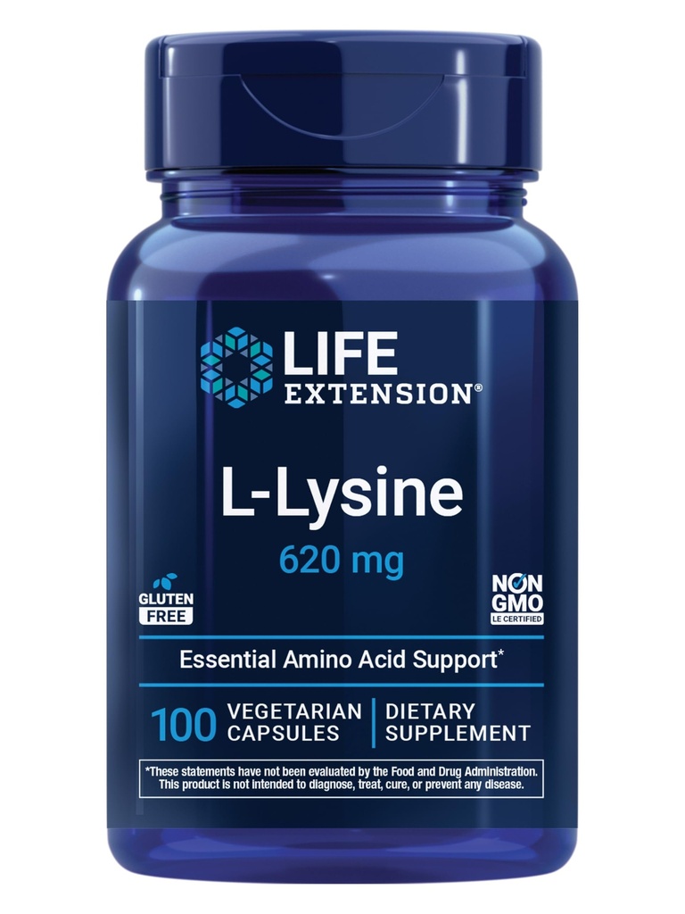 Life Extension L-Lysine, 620 mg, Essential Amino Acid for Healthy nitrogen Balance, Calcium Metabolism, Stress Response & More, Gluten-Free, Non-GMO, Vegetarian, 100 Capsules