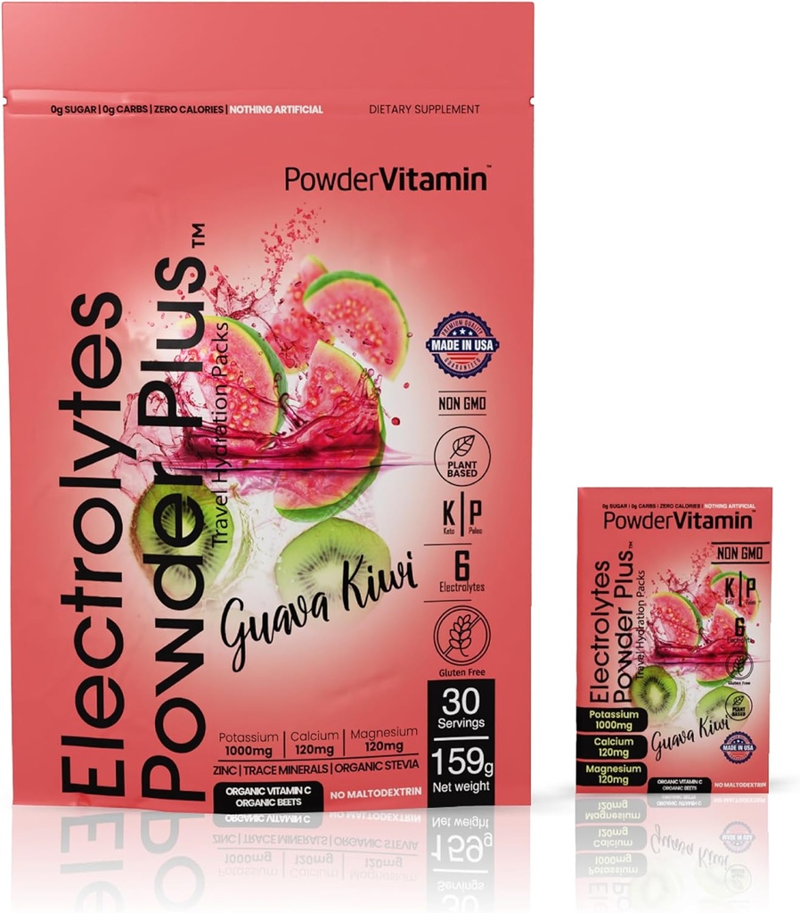 PolvereVitamin Electrolytes Powder Plus, Keto, Guava Kiwi, Zero Sugar, 1000mg Potassium, 120mg Calcium, 120mg Magnesio, Non OGM, Zero Calories, 30 Hydration Packets