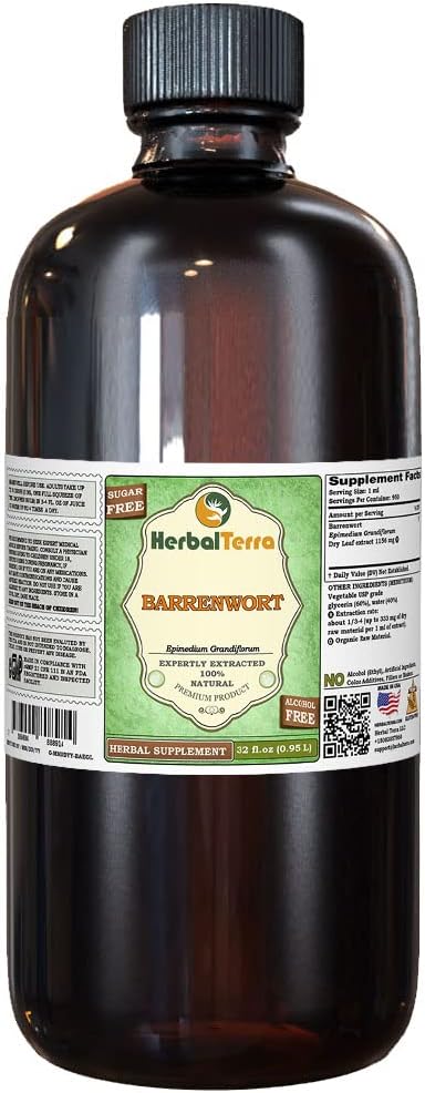 Barrenwort (Epimedium grandiflorum) Glycerite, Dried Leaves Alcohol-Free Liquid Extract (Nome de terra: HerbalTerra, Proudly Made in USA) 32 fl.oz (0,95 l)