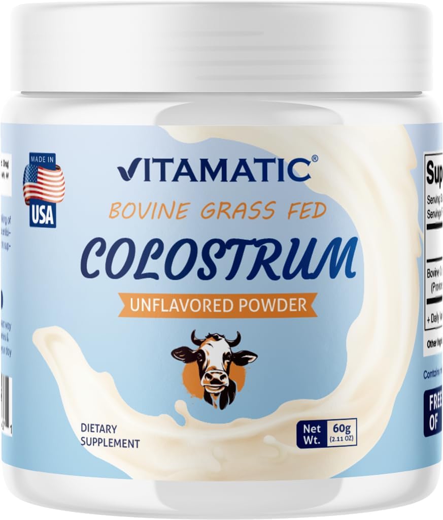 Colostro Bovinos Vitamáticos 30% IgG Pó - Suplemento para Gut Saúde, Crescimento do Cabelo, Beleza, Recuperação Músculo, e Suporte Imune - Fácil de Misturar - 60 Gram (30 Servings, sem sabor)