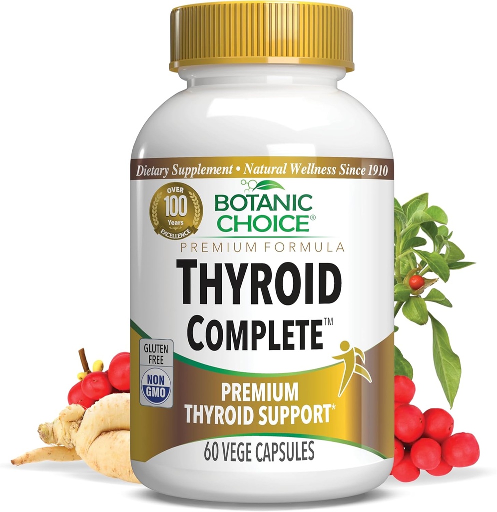 Botanic Choice Thyroid Complete – Ashwagandha, Schisandra Chinensis, Iodine와 함께 지금 지원하십시오 - Thyroid 에너지, 머리, 못 건강, 심장 건강 지원, 호르몬 지원 (60 Vege 모자)를 위해