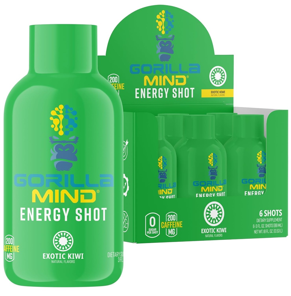 Gorilla Mind Energy Shots (Pack of 6) - Genişlənmiş Focus & Energy, Sugar-Free, Fast-Acting, Vitaminlər və Natural özü ilə Potent Formula (Exotic Kiwi)