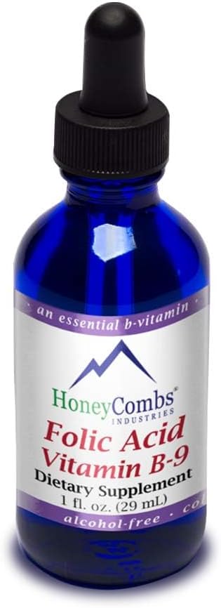 HoneyCombs Vitamina B9 Liquid Drops - Alta Potência Liquid Vitamina B9 Suplemento de ácido fólico para as mulleres - Manter fígado saudable, embarazo e saúde xeral - Cold Pressed Vegan Vitamins Drops (1 Fl oz)
