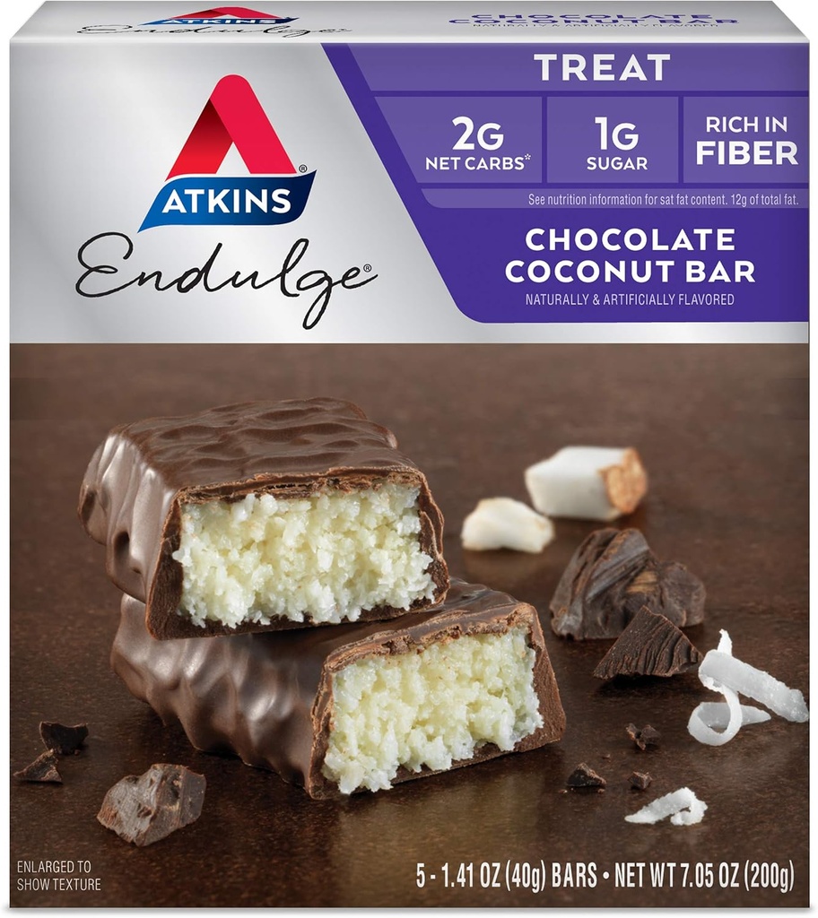Atkins Endulge Chocolate Coconut Bar, magustoidu lemmik, kõrge kiudaine, 1 g suhkur, 5 krahv