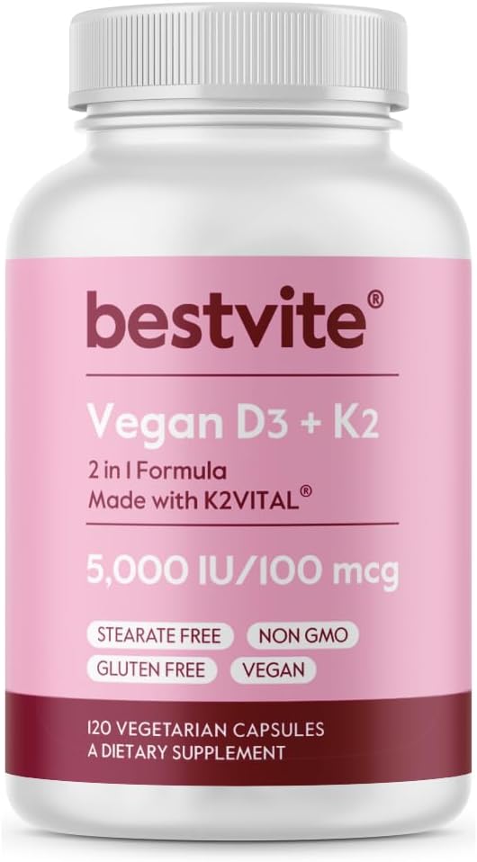 BESTVITE Vegan Vitamin D3 5000 IU + Vitamin K2 100 mcg jako MK- 7 (120 Vegetariánských kapslí) - No Stearates - Vegan - Non GMO - Gluten Free