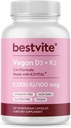 BESTVITE Vegan bitamina D3 5000 IU + K2 100 mcg MK-7 (120 Vegetarian kapsulak) - Ez Stearates - Vegan - Ez GMO - Gluten Free