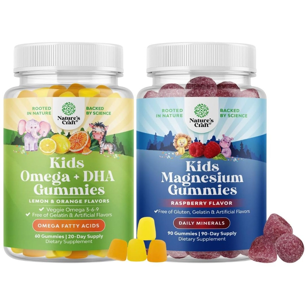 Bundle of Omega DHA Gummies for Kids - Fatty Acids Omega 3 6 9 with Vitamin C for Brain, Immunity & Vision and Kids Magnesium Gummies - Mag Citrate for Nerve Health Muscles & Healthy Heart Support