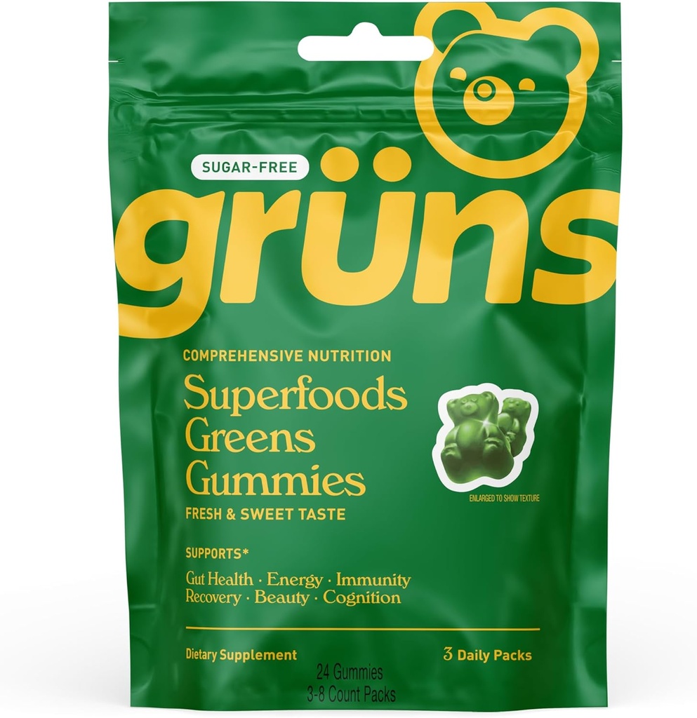 Gruns Sugar Free Super Greens Gummy Bears - Organic Spirulina a Chlorella, Prebiotiká pre trávne zdravie, 20+ Vitamíny a minerály, Adaptogény - 3 vrecká - 24 Gummies