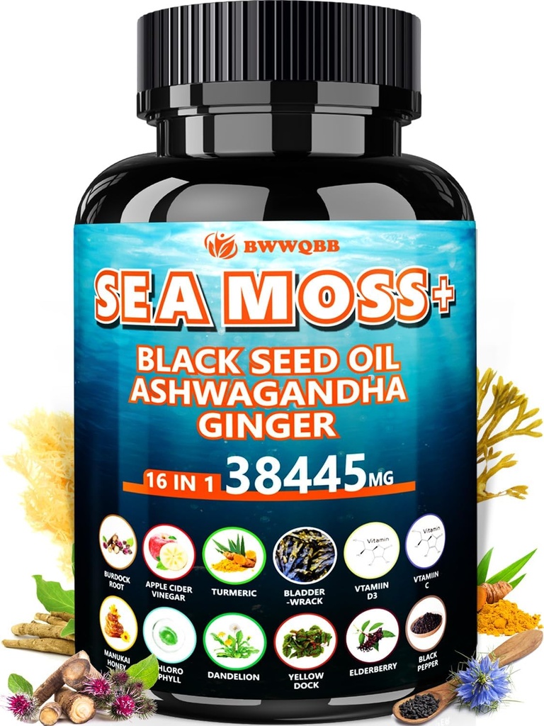 Sea Moss 350mg Olio di semi nero 200mg Ashwagandha 100mg Turmeric 100mg Bladderwrack 100mg Burdock 100mg,All-in-1 Sea Moss Capsule-60 Count