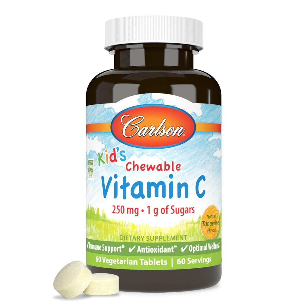 Carlson - Kid's Chewable Vitamin C, 250 mg, 1 g of Sugars, Immune Support & Optimal Wellness, Antioxidant, Tangerine, 60 Vegetarian Tablets