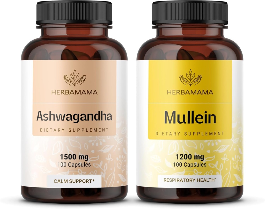 HERBAMA Ashwagandha ja Müllein Kit - Bundle of 1500 mg Ashwagandha Root & 1200 mg Mullein Leaf Capsules 100 Caps - Vegaani, ei- gammageeninen, sokeri ja alkoholiton - 2 Pack