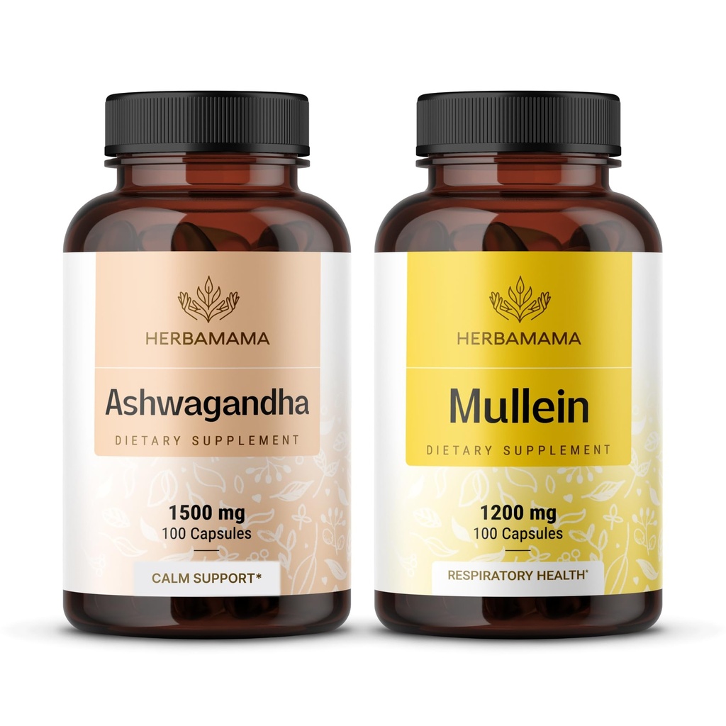 HERBAMAMA Ashwagandha and Mullein Kit - Bundle of 1500 mg Ashwagandha Root & 1200 mg Mullein Leaf Capsules 100 Caps - Vegan, Non-GMO, Sugar & Alcohol-Free - 2 Pack