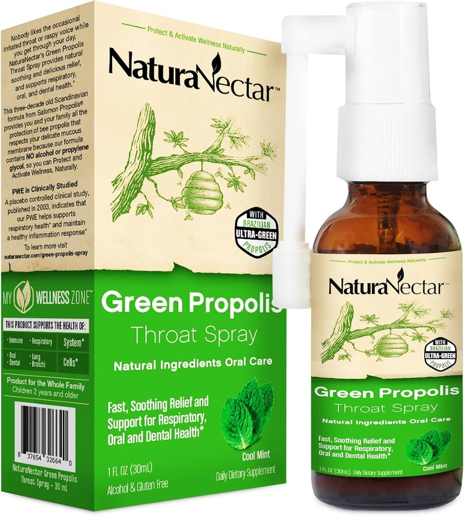 NaturaNectar - Green Propolis Throat Spray - Egyedi, Soothing Throat Care Relief Brazil Bee Propolis - Természetes és nem alkoholos torok Care Formula fenntartható méhészetből (1- Pack, 30ml)