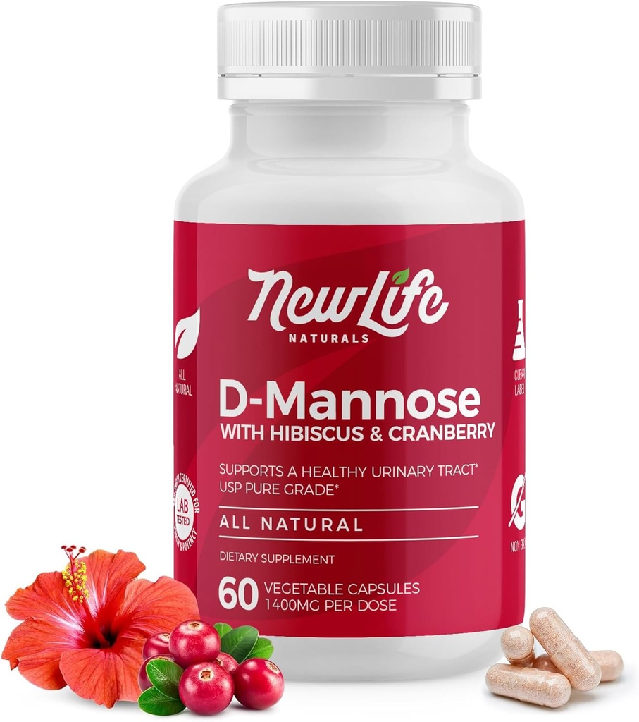 NewLife Naturals D-Mannose Cápsulas Extractos de mirtilo e Hibiscus Suplemento de Saúde do Trato Urinário Natural 1400mg Pure Veggie Powder 60 Cápsulas Veggie