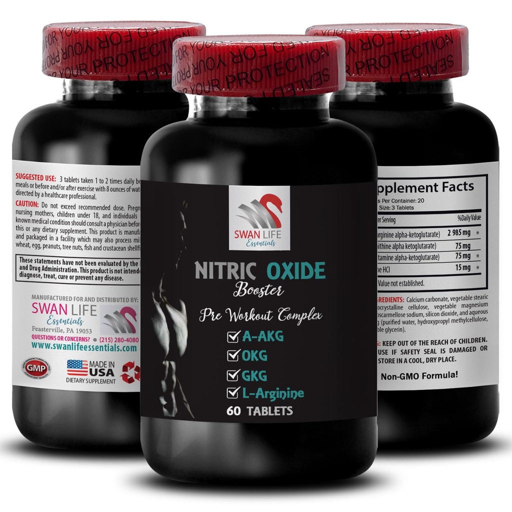 A-AKG, nitric oxide - NITRIC OXIDE BOOSTER - exercise supplement, power boost, strength enhancer, endurance mix, stamina increase, performance booster, recovery formula, muscle focus 1 Bottle 60 Tabs