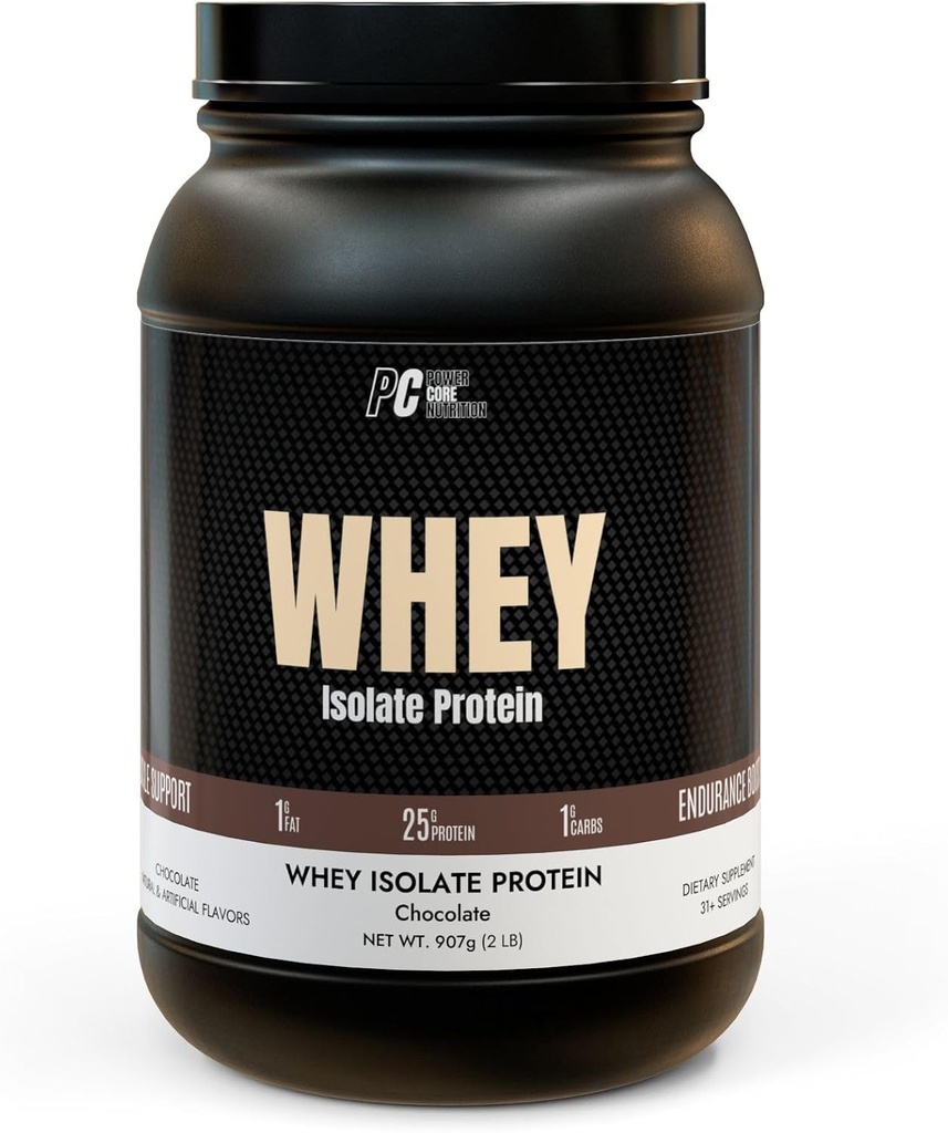 PowerCore Nutrition Whey Isolated Protein - Low Carb, Low Fat, Easily Mixes - 25g Protein per Serving - Chocolate Flavor, Non-GMO, Muscle Recovery & Lean Gains Supplement (2 lb)