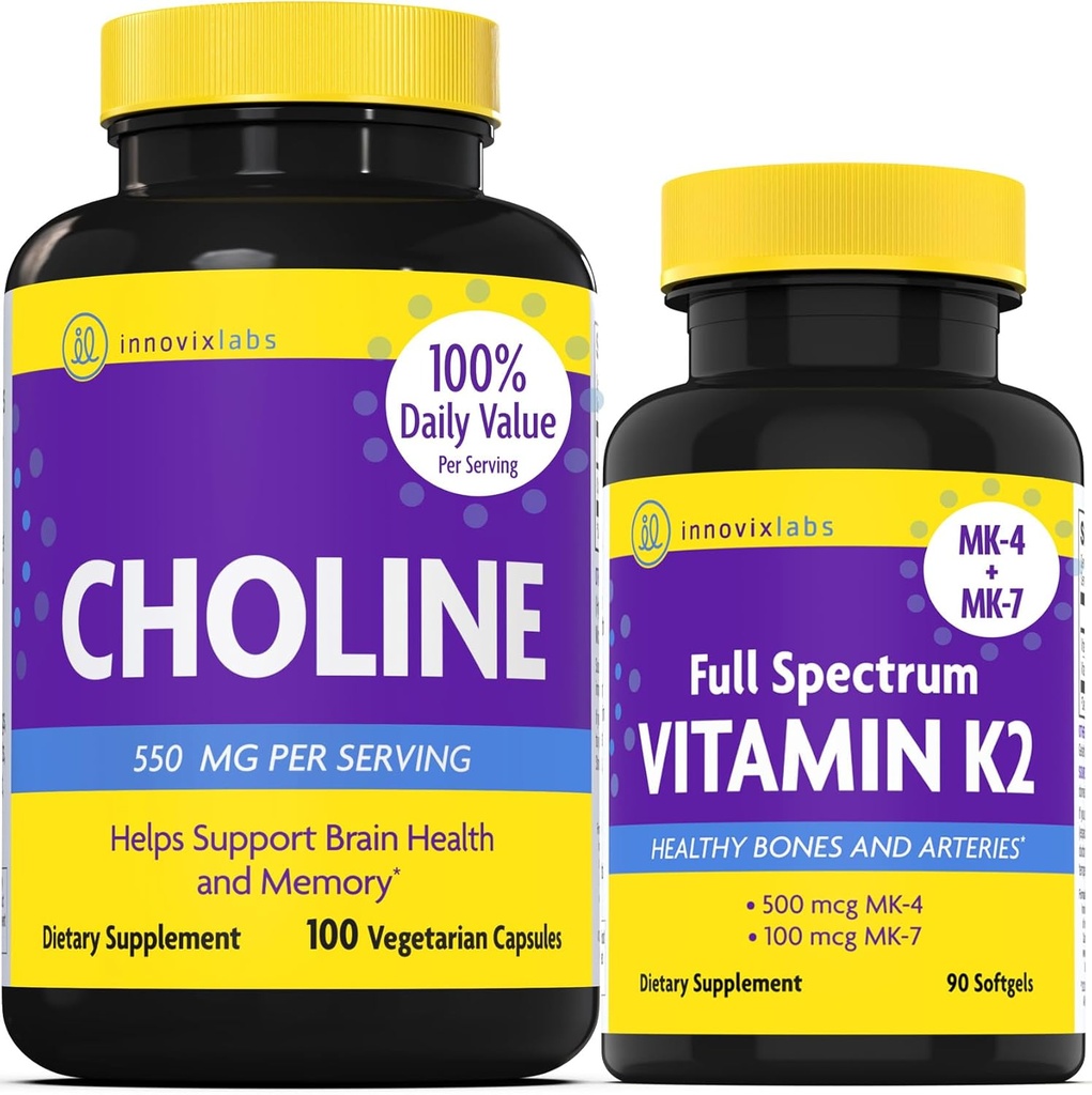 InnovixLabs Choline & vitamin K2 Bundle Choline Bitartrate 550mg (100 Capsules) Full Spectrum K2 (90 Softgels). Hỗ trợ bộ nhớ, Mood, Brain Health & Boost Cognitive.