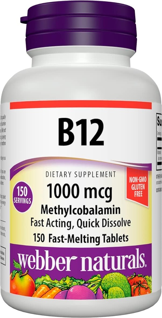 Webber Naturals Vitamin B12 1000 mcg, 150 Count, Fast Dissolve Tablets, Vitamin Supplement Support for Energy Metabolism, Immune and Heart Health, Vegetarian Formula, 150 Day Supply