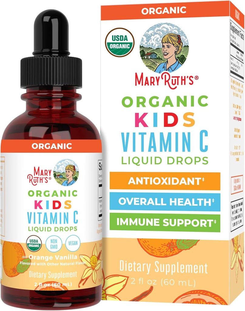 MaryRuth Organics USDA Kids Vitamine C Drops.com Supplément de soutien immunitaire végétalien pour les enfants de 4 à 13 ans.