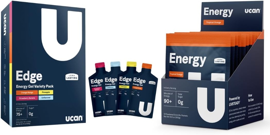 UCAN Training Starter Pack, Edge Energy Gel Variety Pack, Energy Powder Tropical Orange, Pre & Post Harjoitus miehille ja naisille