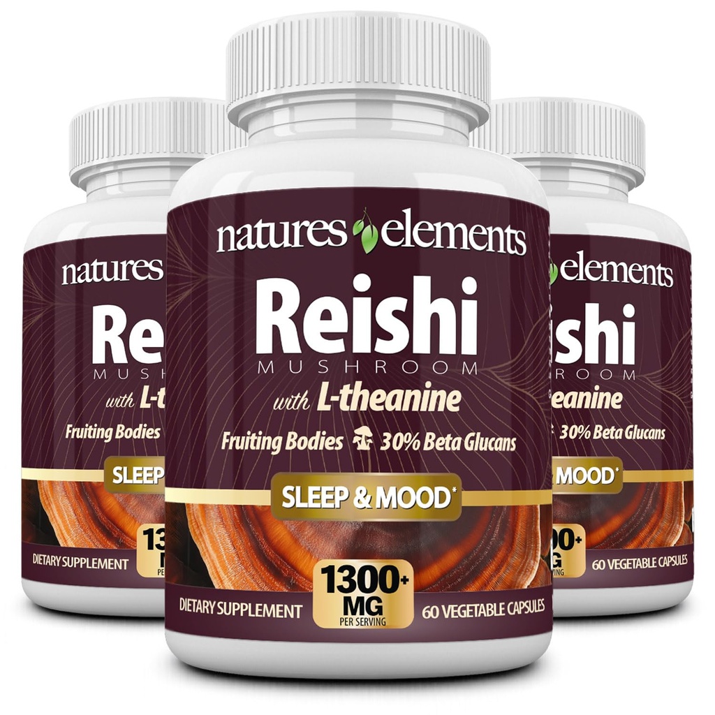 Natures Elements Reishi Mushroom Supplement for Sleep & Mood Support – 1,000mg 10:1 Extract (30% Beta Glucans) – Advanced Complex with L-Theanine, Magnesium & Apigenin – Pack of 3