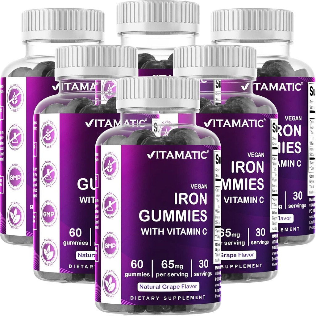 Vitamatic Iron 65 mg Gummies Supplement for Women & Men - 60 Vegan Gummies - Great Tasting Iron Gummy Vitamins C (6)