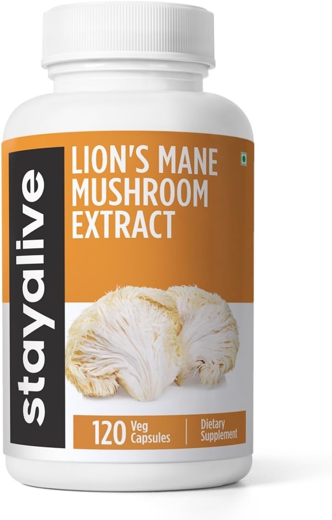 STAY ALIVE Lions Mane Dodatek Kapsle 1000mg, 30: 1 Extract w / Beta Glucans, 100% plodící tělo, Pure Lions Mane prášek pro muže a ženy, 120 pilulky, Non- GMO & gluten- Free Houbový dodatek