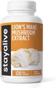STAY ALIVE Lions Mane Dodatek Kapsle 1000mg, 30: 1 Extract w / Beta Glucans, 100% plodící tělo, Pure Lions Mane prášek pro muže a ženy, 120 pilulky, Non- GMO & gluten- Free Houbový dodatek