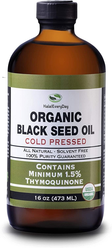 Aceite de semilla negro orgánico - USDA Certified Cold Presionado de vidrio Botella Más 1.5% Timoquinone 3X fuerza Negro turco Cumin Nigella Sativa no GMO 100% Aceite de color negro puro (32oz de vidrio (2X16) Botella)