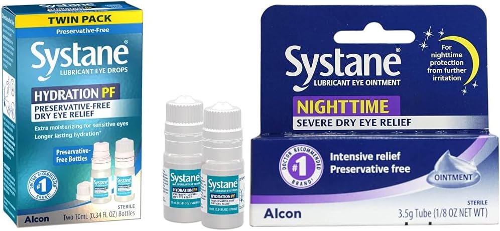 Systane Hydration Multi-Dose Preservative-Free Eye Drops Dry Eye Relief Twin Pack (2x10ml) & Nighttime Lubricant Eye Ointment 3.5g Tube