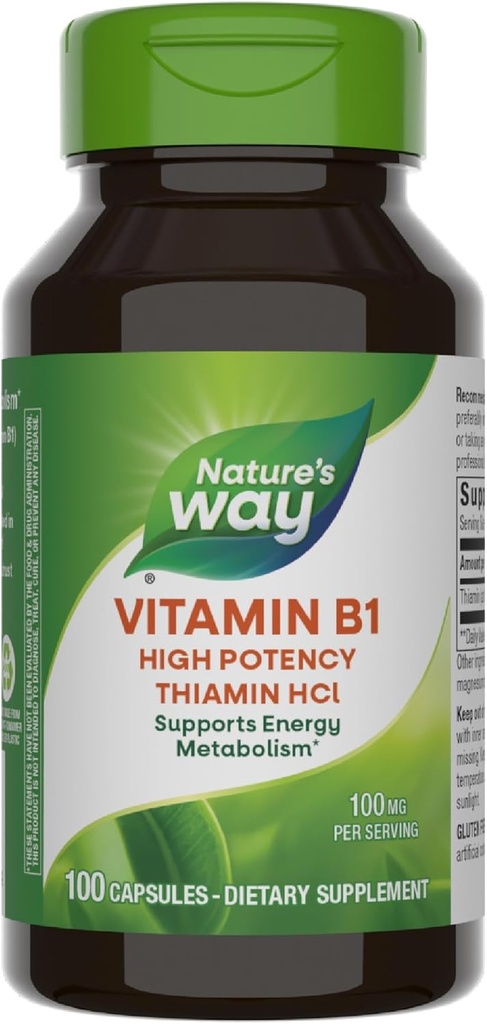 Nature's Way Vitamin B1, High Potency, 100 mg Thiamin per Serving, Thiamin HCl, Supports Energy Metabolism*, Gluten Free, 100 Capsules (Packaging May Vary)