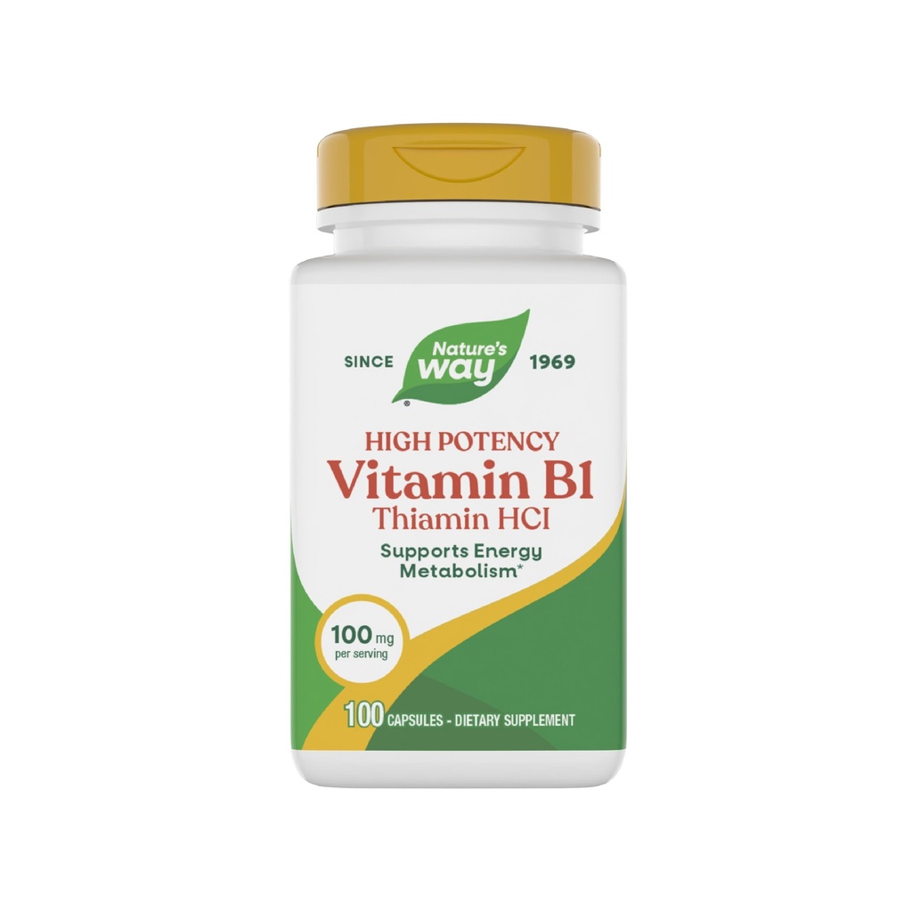 Nature's Way Vitamin B1, High Potency, 100 mg Thiamin per Serving, Thiamin HCl, Supports Energy Metabolism*, Gluten Free, 100 Capsules (Packaging May Vary)